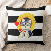 白黒の犬、ハート、ひまわりストライプの クッション (ブランケット)