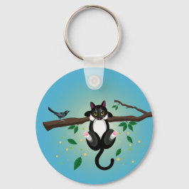 白黒の猫のイラストレーション – ボタンキーリング キーホルダー