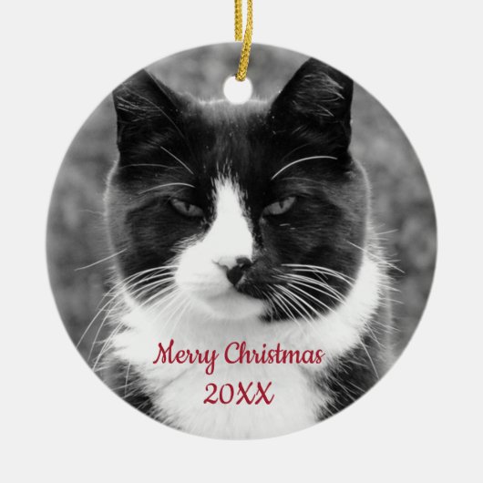 白黒の猫をカスタマイズ セラミックオーナメント (正面)