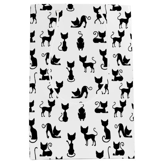 白黒の猫シルエット ミディアムペーパーバッグ (正面)