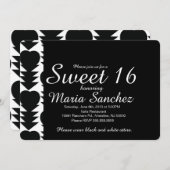 白黒の甘い16ハート誕生日パーティー 招待状 (正面/裏面)