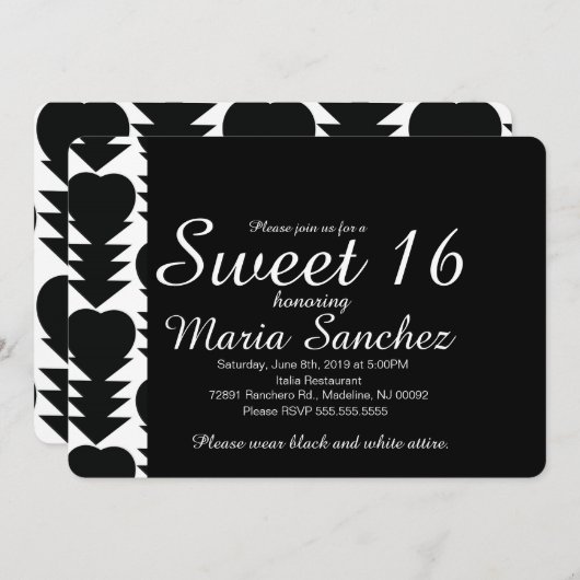 白黒の甘い16ハート誕生日パーティー 招待状 (正面/裏面)