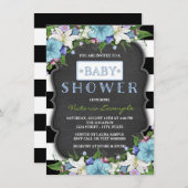 白黒の男の子チョークストライプベビーシャワー 招待状 (正面/裏面)