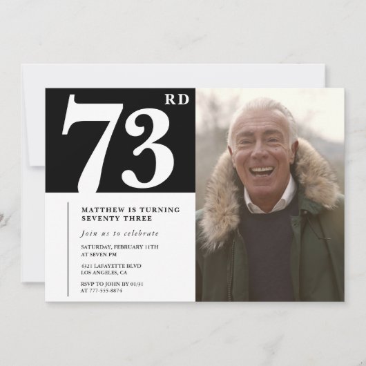 白黒の男性 73歳の誕生日 招待状 (正面)
