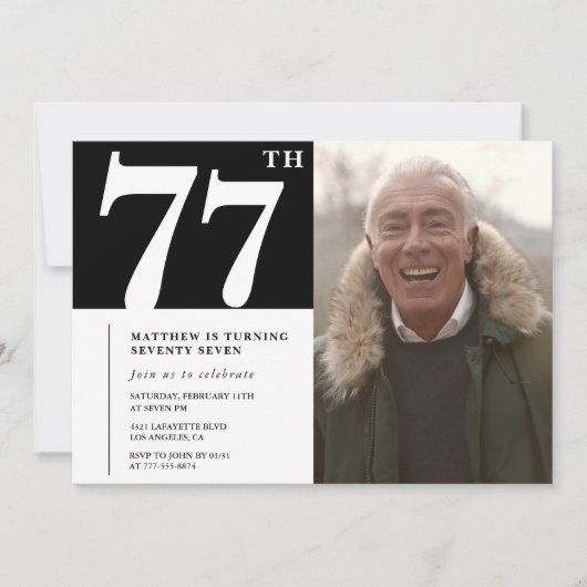 白黒の男性 77歳の誕生日 招待状 (正面)