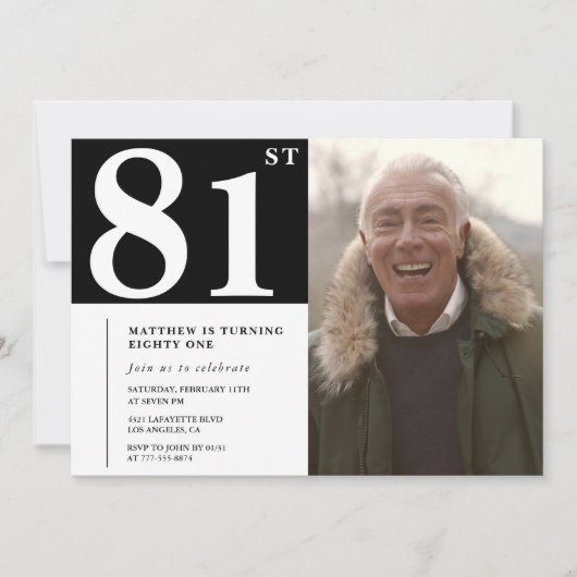 白黒の男性 81歳の誕生日 招待状 (正面)