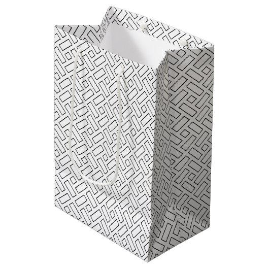 白黒の直線状ブロックパターン – 白 ミディアムペーパーバッグ (正面アングル)