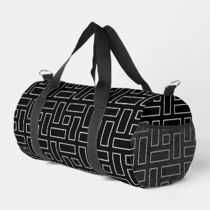 白黒の直線状ブロックパターン – 黒 ダッフルバッグ