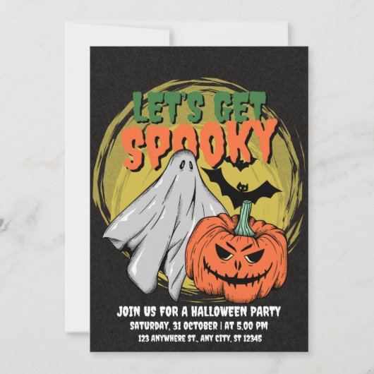 白黒の粒状ハローウィンパーティ 招待状 (正面)