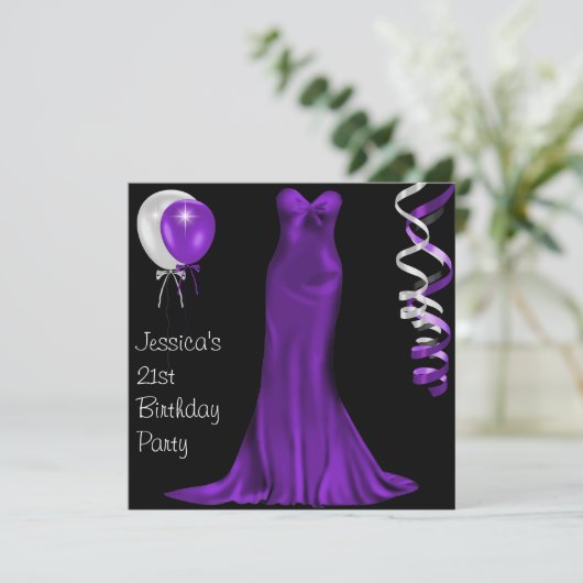 白黒の紫色のフォーマルドレスの第21誕生日 招待状 (スタンド正面)