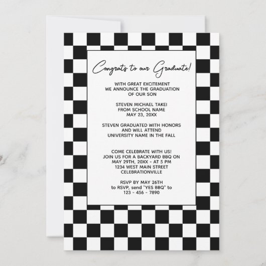 白黒の終市松模様に了フラグの卒業 案内状 (裏面)