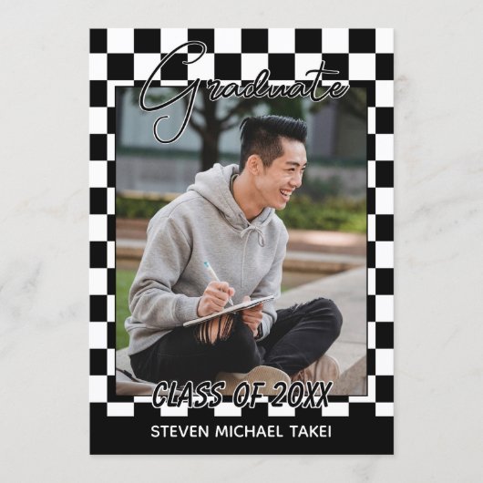 白黒の終市松模様に了フラグの卒業 案内状 (正面)