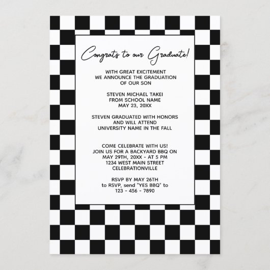 白黒の終市松模様に了フラグの卒業 案内状 (裏面)