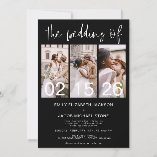 白黒の結婚写真ミニマルシンプルリスト 招待状 (正面)