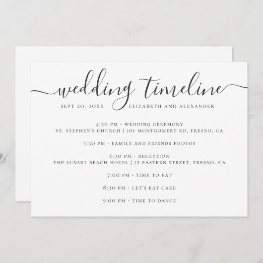 白黒の結婚式のタイムラインスクリプト 招待状 (正面/裏面)