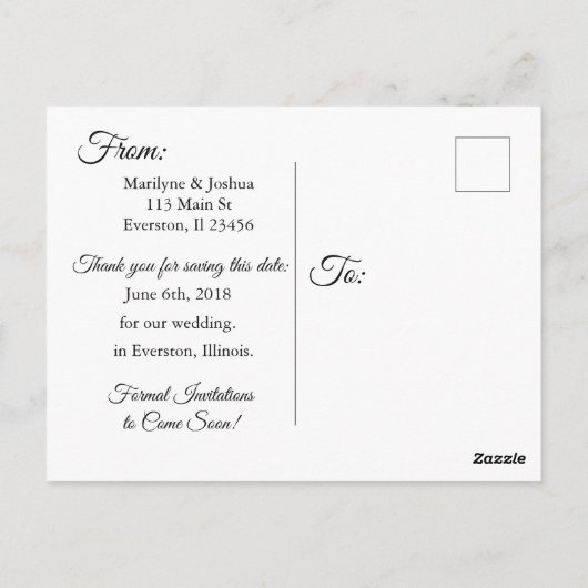 白黒の結婚式はがきを保存する ポストカード (裏面)