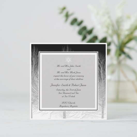 白黒の結婚式招待状の冬の枝 招待状 (スタンド正面)