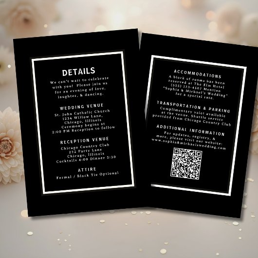 白黒の結婚詳細テンプレートQRコード 招待状