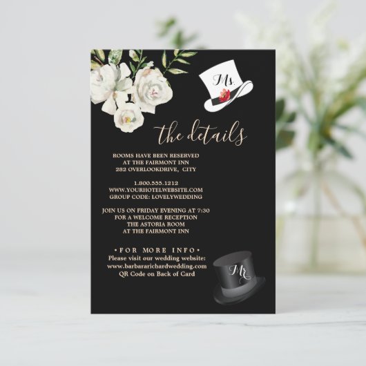 白黒の結婚詳細QRエンクロージャカード 出欠カード (スタンド正面)