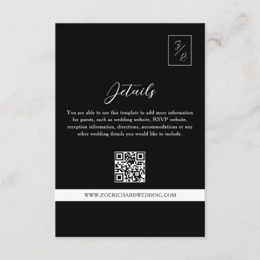 白黒の結婚詳細QRコード エンクロージャーカード (正面)