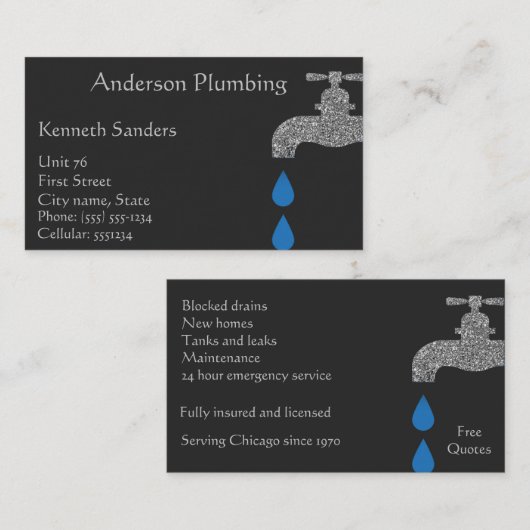 白黒の給排水衛生設備および配管設備 名刺 (正面/裏面)