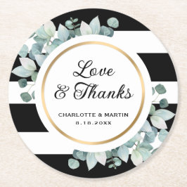 白黒の緑のストライプのユーカリ ラウンドペーパーコースター