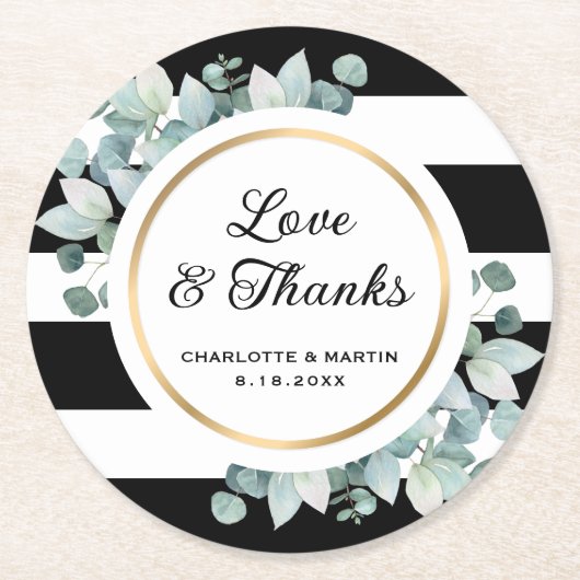 白黒の緑のストライプのユーカリ ラウンドペーパーコースター (正面)