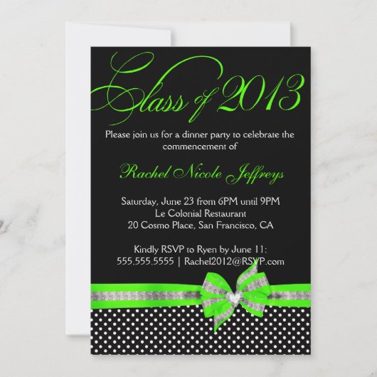 白黒の緑の水玉模様の卒業の招待状 招待状 (正面)