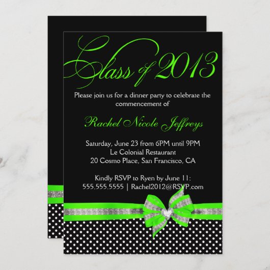 白黒の緑の水玉模様の卒業の招待状 招待状 (正面/裏面)