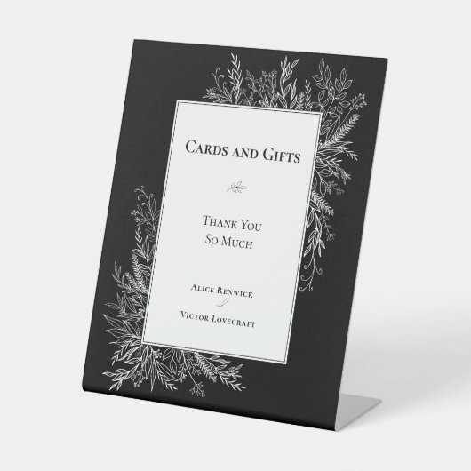 白黒の緑の結婚式のカードとギフト 台座サイン (正面)