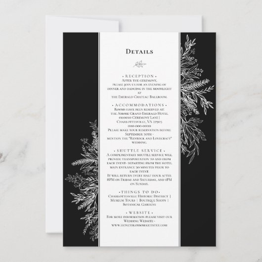 白黒の緑結婚の詳細と 招待状 (裏面)