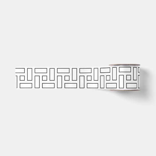白黒の線形ブロックパターン - 白 サテンリボン (正面)