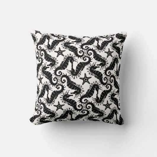 白黒の繰り返しモチーフ |シーホースのパターン クッション (正面)