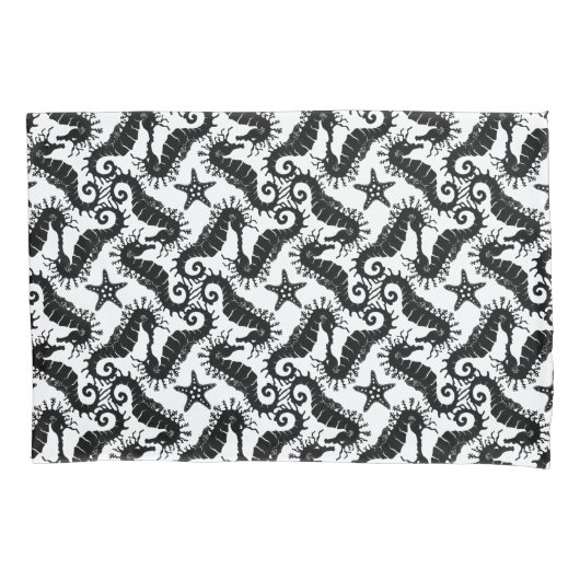 白黒の繰り返しモチーフ |シーホースのパターン 枕カバー (正面)