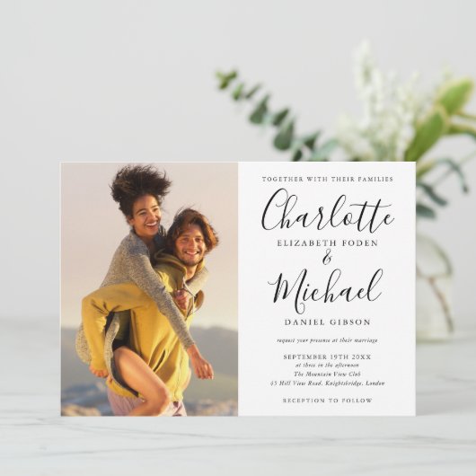 白黒の署名スクリプトの写真結婚の種類 招待状 (スタンド正面)