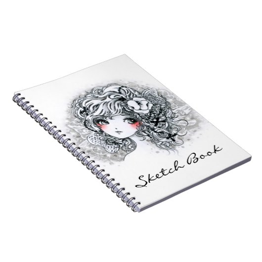 白黒の美しい日本製アニメの女の子 ノートブック (右側)