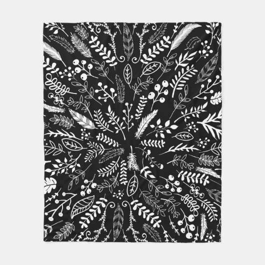 白黒の羽とシダ フリースブランケット (正面)
