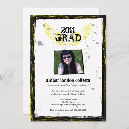 白黒の翼の卒業グランジ 招待状 (正面/裏面)