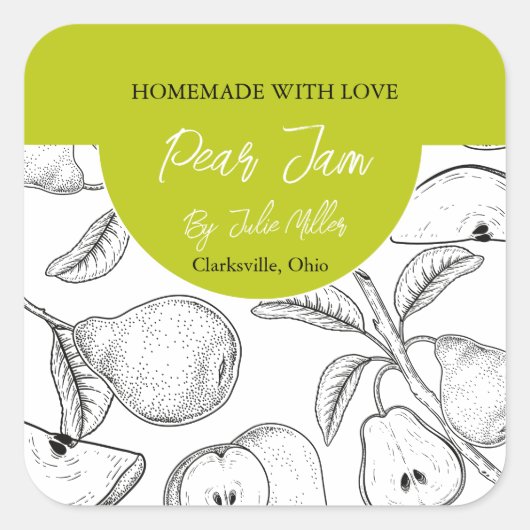 白黒の自家製の梨ジャムラベル スクエアシール (正面)