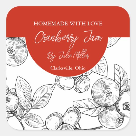白黒の自家製クランベリージャムラベル スクエアシール (正面)