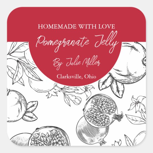 白黒の自家製ザクロのゼリー状ラベル スクエアシール (正面)