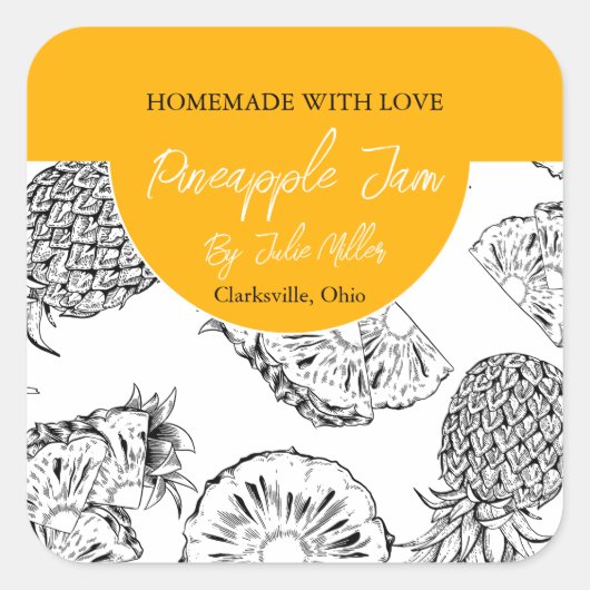 白黒の自家製パイナップルジャムラベル スクエアシール (正面)