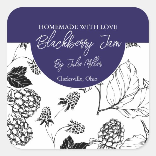 白黒の自家製ブラックベリージャムラベル スクエアシール (正面)
