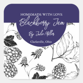 白黒の自家製ブラックベリージャムラベル スクエアシール