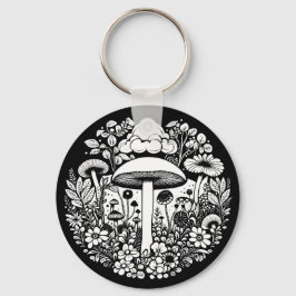 白黒の花とキノコヴィンテージ キーホルダー