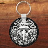 白黒の花とキノコヴィンテージ キーホルダー (正面)