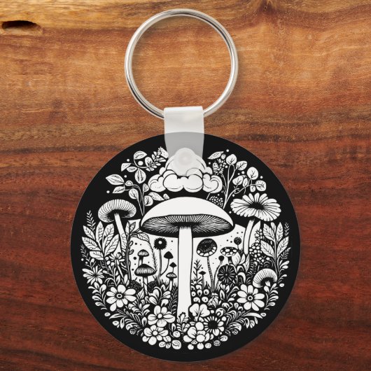 白黒の花とキノコヴィンテージ キーホルダー (正面)