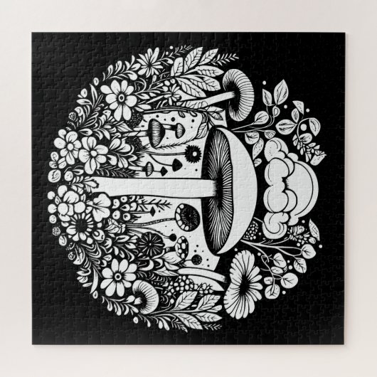 白黒の花とキノコヴィンテージ ジグソーパズル (横)