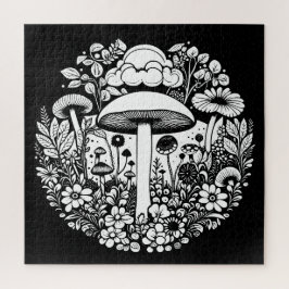 白黒の花とキノコヴィンテージ ジグソーパズル