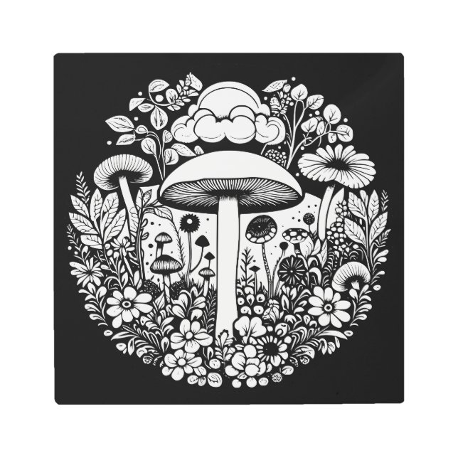白黒の花とキノコヴィンテージ メタルプリント (正面)
